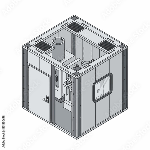 Isometric view of a compact industrial soundproof booth with ventilation.