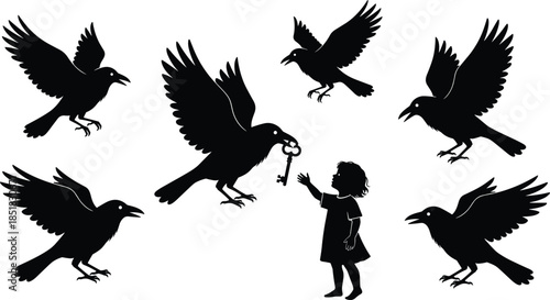 Silhouette of child reaching for key held by crow, surrounded by birds, symbolizing mystery, guidance, and emotional discovery