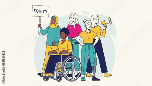 Diverse group of empowered women advocating for equity, social justice, and inclusion, representing various backgrounds and abilities united for change