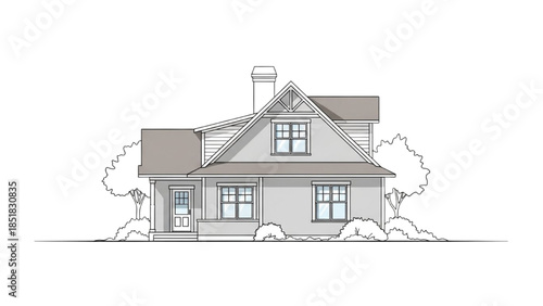 A detailed architectural drawing of a modern house with a chimney, surrounded by trees and bushes, from a frontal viewpoint.
