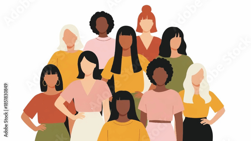 Diverse group of women standing together, celebrating unity and empowerment in a vibrant illustration