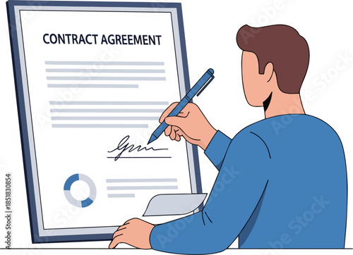 Isolated a Flat vector illustration of man writing signature on contract document vector art with white background..