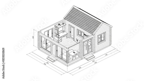 Detailed architectural drawing of a house with open walls showing interior layout and furniture from an isometric perspective.