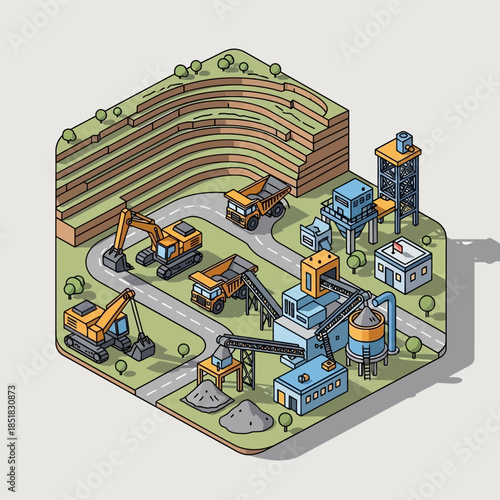 Isometric view of a large-scale mining operation with heavy machinery and processing plants.