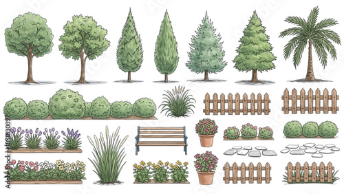 Collection of various trees, plants, and garden elements illustrated in a clean and organized manner.