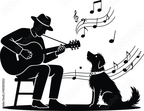 Silhouette of man playing acoustic guitar to dog, musical notes flowing, emotional bond, pet listening, artistic black and white illustration