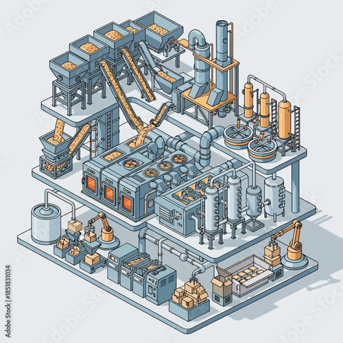 Isometric view of a multi-level industrial factory with various machinery.
