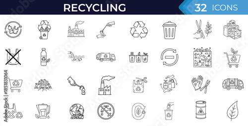 Recycling doodle icon set. Waste, trash, garbage, ecology, environment, sustainability, plastic, bottle, bin, cleanup, nature outline vector illustration