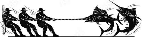 Silhouette of muscular men in tug-of-war with marlins, symbolizing deep-sea fishing challenge, strength, humor, and ocean struggle