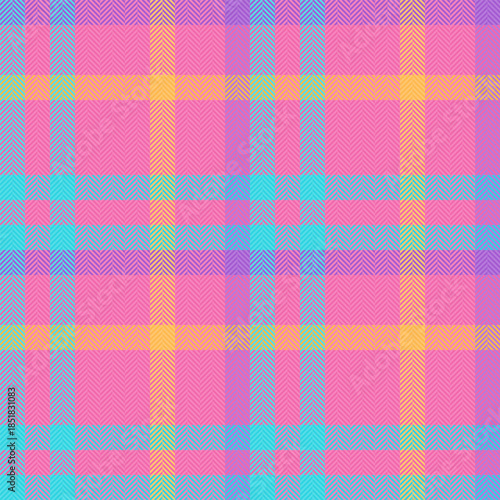 Continuity pattern textile vector, designer seamless fabric check. Give texture plaid tartan background in pink and cyan colors.
