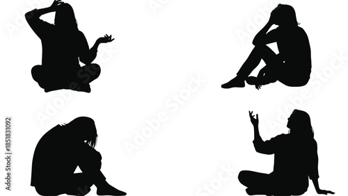 Silhouettes of woman in various sad and depressed poses