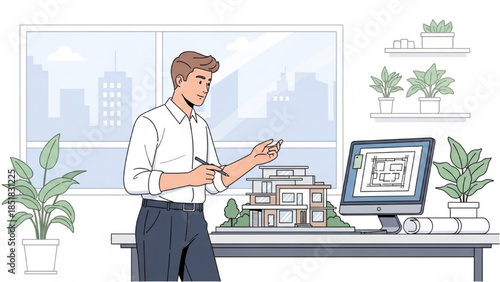 Man working on architectural design project at modern office desk with computer and model building