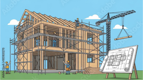 Construction workers building a large house with scaffolding and crane on a sunny day