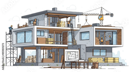 Modern multi-story building under construction with crane and workers on site