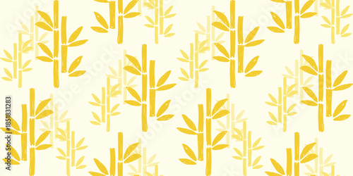Golden Yellow bamboo and leaf seamless pattern on cream background