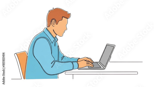 Man working on laptop at desk in a simple environment