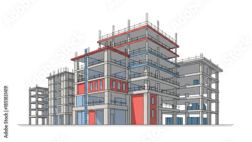 Multi-story building under construction with scaffolding and steel framework