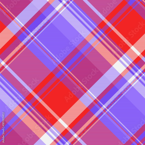 Vibrant tartan pattern with interlacing red, violet, and white stripes. Perfect for backgrounds, textiles, and design projects needing a bold, eyecatching texture.