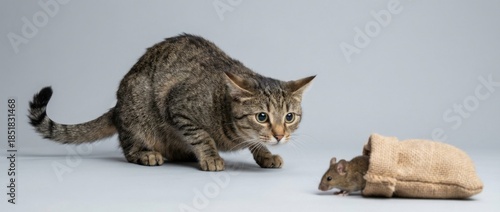 mouser cat intently watches a small mouse poised to pounce studio shot with sharp focus and clean background highlighting feline hunting instincts and natural alertness