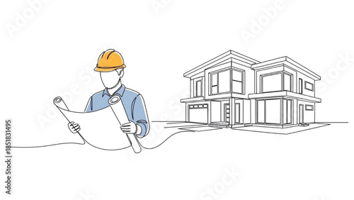 Engineer examining architectural plans for a modern residential building