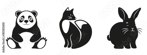 Set modern vector animal isolated transparent background. Bamboo bear fox and black bunny in modern cut stylish. Perfect child t-shirt print design. EPS 10