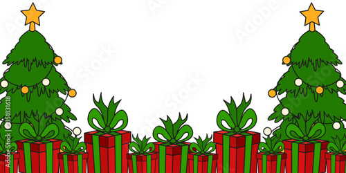 Png Christmas vector Frame isolated transparent background. Vector Christmas tree and gift box Frame with blank space for text. Perfect holiday banner poster template design. EPS 10