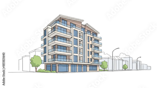 Modern apartment building with blue windows and balconies in urban setting