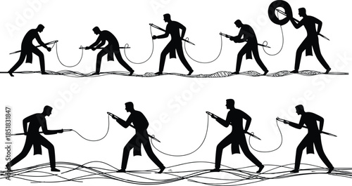 Silhouetted figures in coordinated rope and harpoon action, black and white illustration, teamwork, maritime tradition, dynamic movement, rescue concept