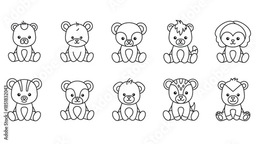 Cute black and white outline set of ten adorable baby bear characters perfect for coloring book pages