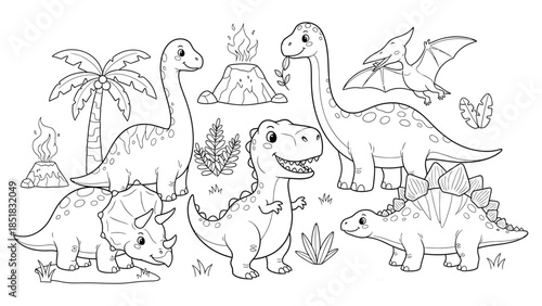 Cute Cartoon Dinosaurs Coloring Page for Kids, Prehistoric Animals Illustration
