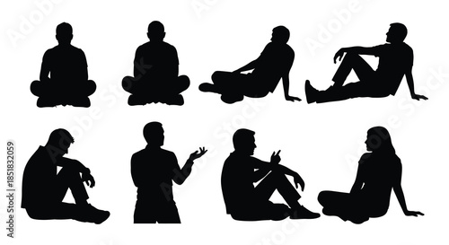 Silhouettes of people in various relaxed and casual sitting poses