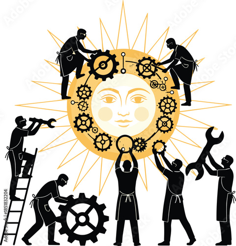 Silhouetted workers assembling mechanical sun with human face, black and white illustration, teamwork, engineering, cosmic fusion, symbolic effort
