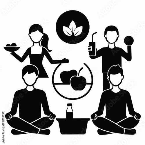 Yoga and meditation silhouette icons set of people figures