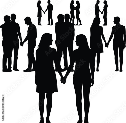 Silhouettes of couples holding hands, romantic connection, unity and love, black and white illustration of human relationships and companionship