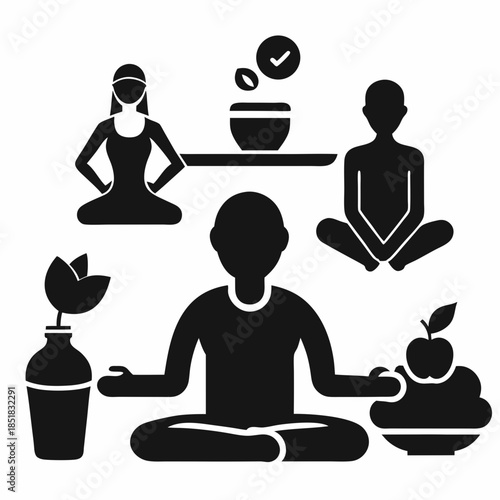 Set of yoga icons with people silhouettes and meditation poses