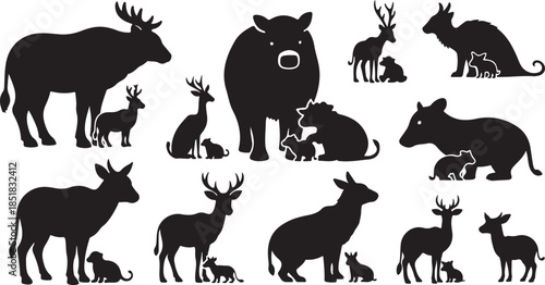 Forest animal families silhouette set