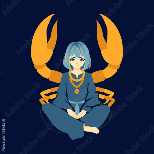A girl in the lotus position with a crab's claws behind her back. Cancer zodiac sign. Vector illustration.