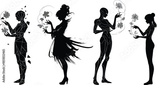 Stylized humanoid silhouettes with flowers, digital, fantasy, robotic, and natural forms, symbolic transformation concept, artistic evolution illustration, black and white