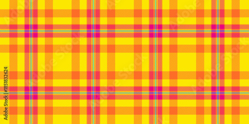 Club check fabric seamless, doodle textile tartan plaid. Celtic pattern background texture vector in radioactive and orange colors.