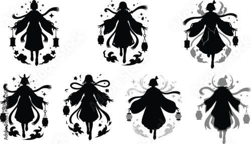 Stylized robed silhouettes holding lanterns, cultural festive poses, magical decorative elements, fantasy character concept, symbolic celebration illustration