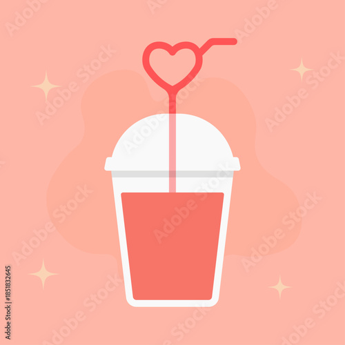 Valentine heart straw drink illustration. Plastic cup with lid and simple beverage. Straw curves into heart shape. Clean flat drink form. Warm festive refreshment theme.