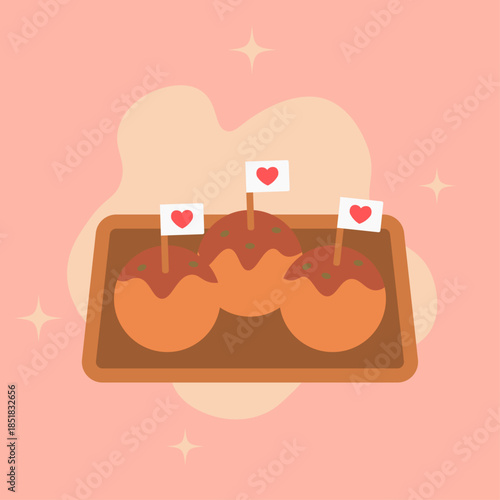 Valentine takoyaki tray illustration. Flat tray holding three round balls. Tiny toothpick heart flags on top. Smooth flat food shapes. Warm playful street food theme.
