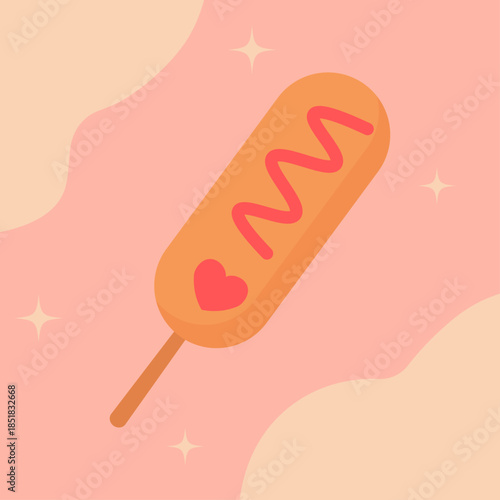 Valentine corn dog illustration. Simple corn dog on stick. Zig zag ketchup line ending in heart. Minimal flat food shape. Warm festive comfort snack theme.