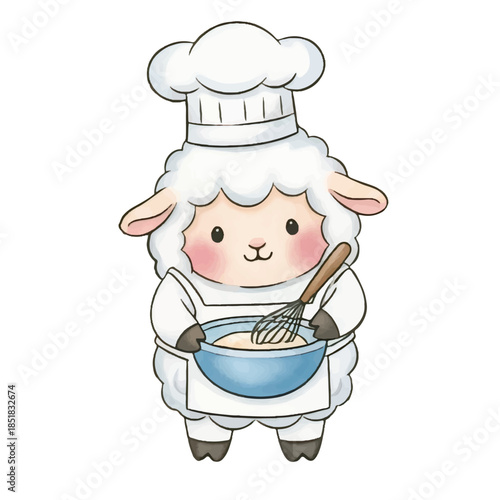 A fun cartoon vector illustration of a professional Italian chef and a little cook in uniform hats and aprons posing with spoons in a restaurant kitchen to prepare a gourmet cake dish