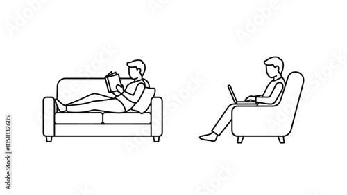 Two men enjoying different leisure activities at home one reading a book and the other using a laptop
