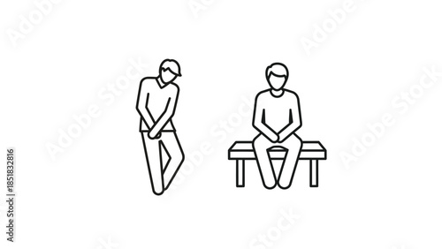 Simple black and white line icons depicting male urgency and waiting on a bench for restroom access
