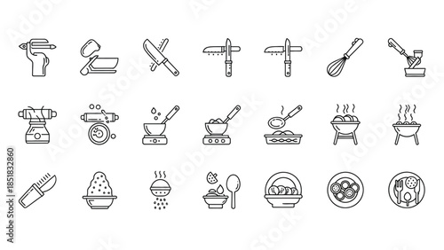 Minimalist line icons set depicting various essential cooking preparation tools and serving utensils for culinary use