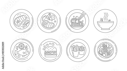 Collection of simple line art icons representing various popular food dishes served on plates and in bowls for menus