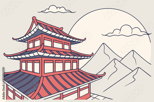 A traditional East Asian pagoda architecture featuring mountains and a large sun