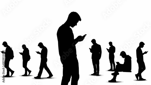 Silhouettes of people engrossed in their smartphones in a public space.